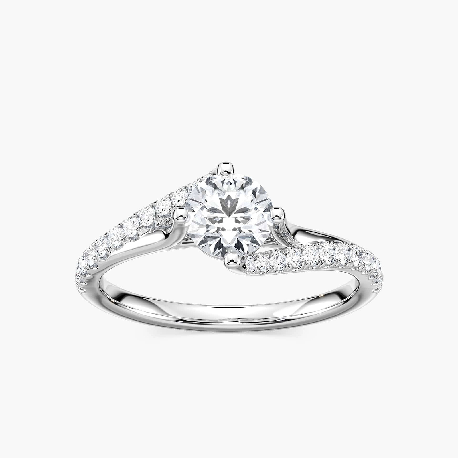 Shown with 1ct Round Cut Lab Grown Diamond in 14k White Gold|Modern engagement ring with twisted diamond accented band set with 1ct round cut lab grown diamond in 14k white gold