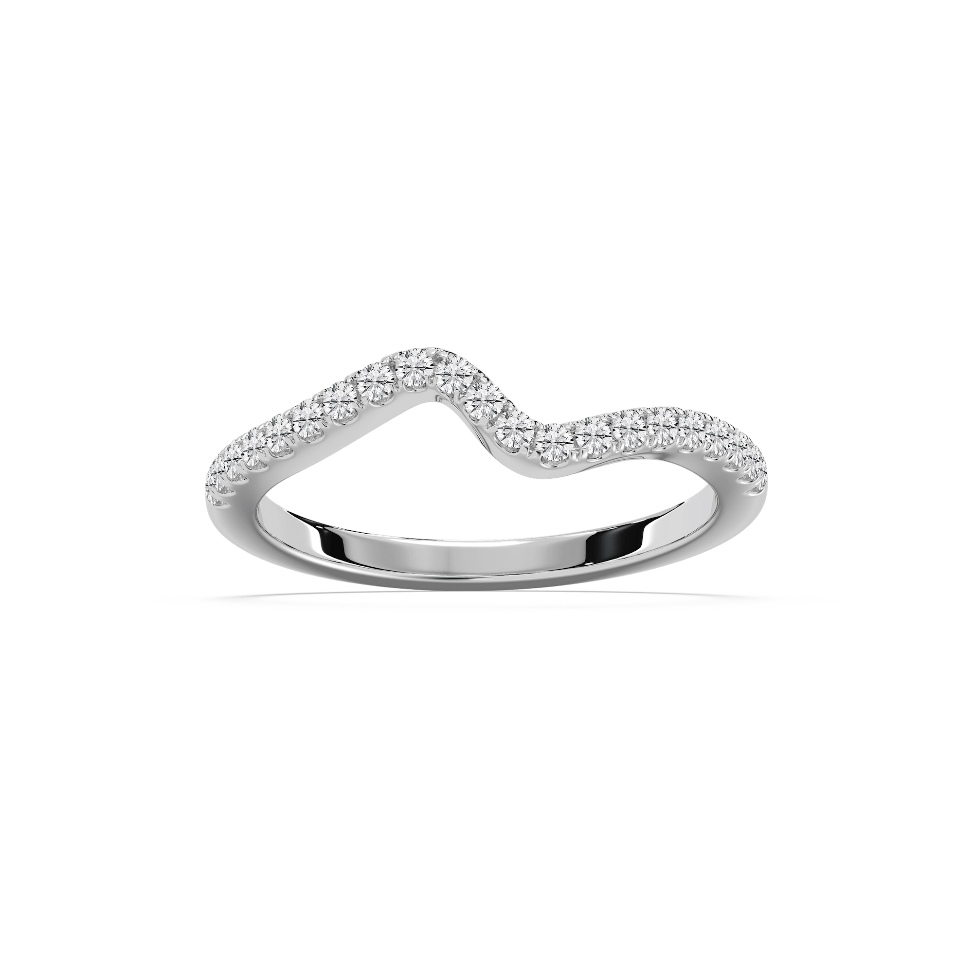 Shown here with accented diamonds in recycled 14K white gold. | Accented diamond curved wedding band.