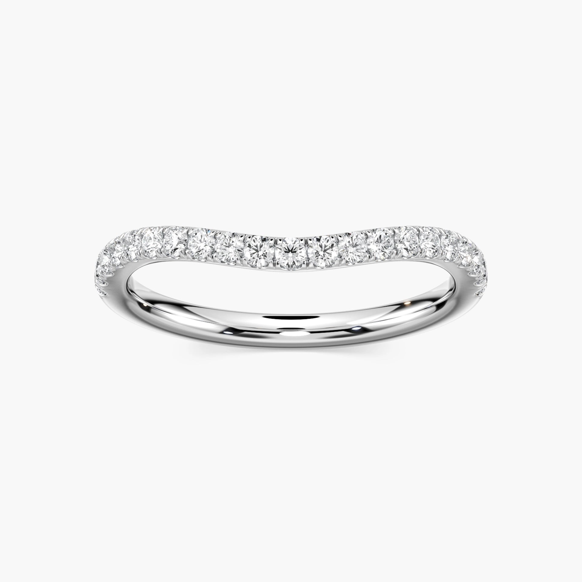 Glisan Wedding Band Shown in 14K White Gold|glisan curved contour band with accenting lab grown diamonds shown in 14k white gold