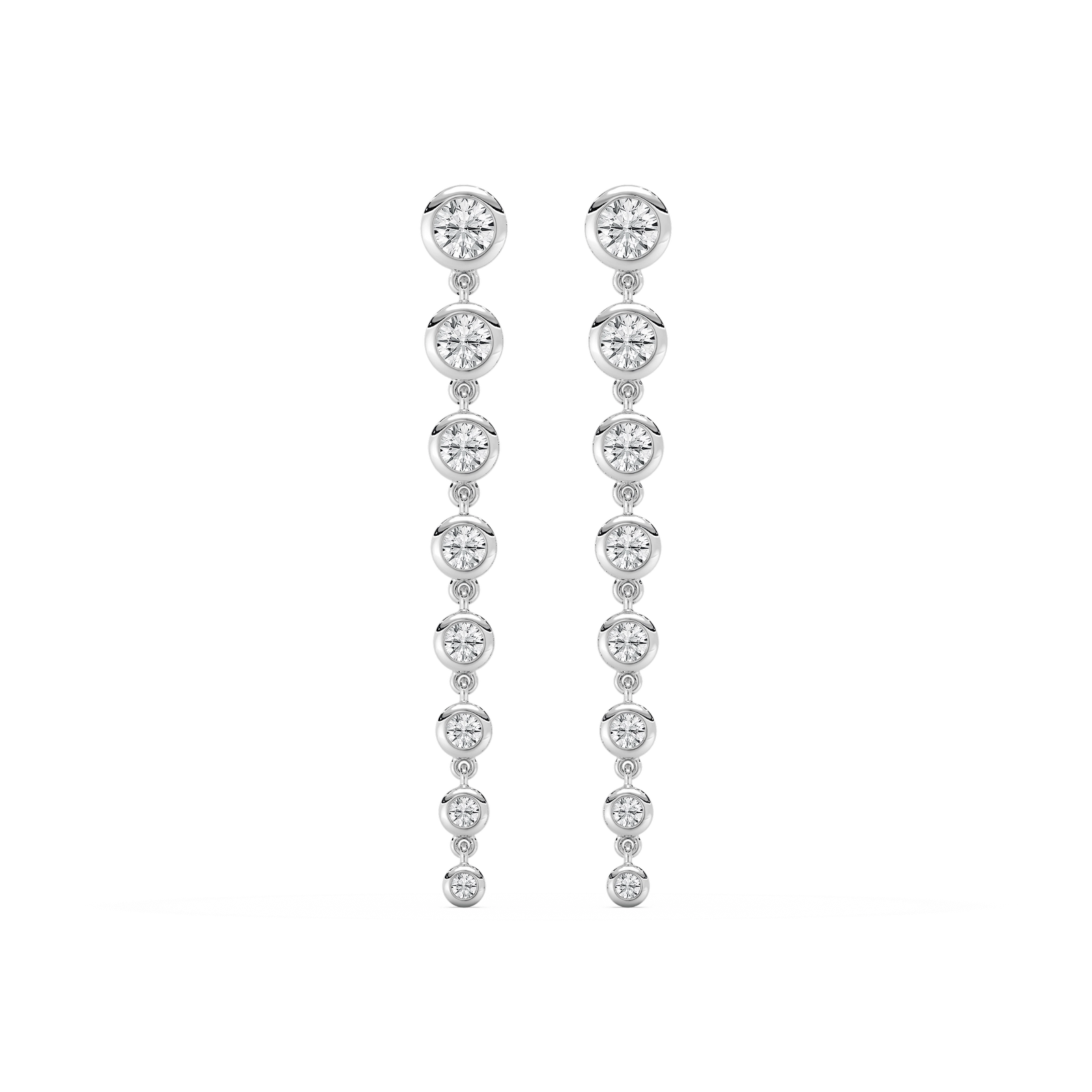 Shown in 14k White Gold|Beautiful graduated bezel drop earrings set with round lab grown diamonds in 14k white gold