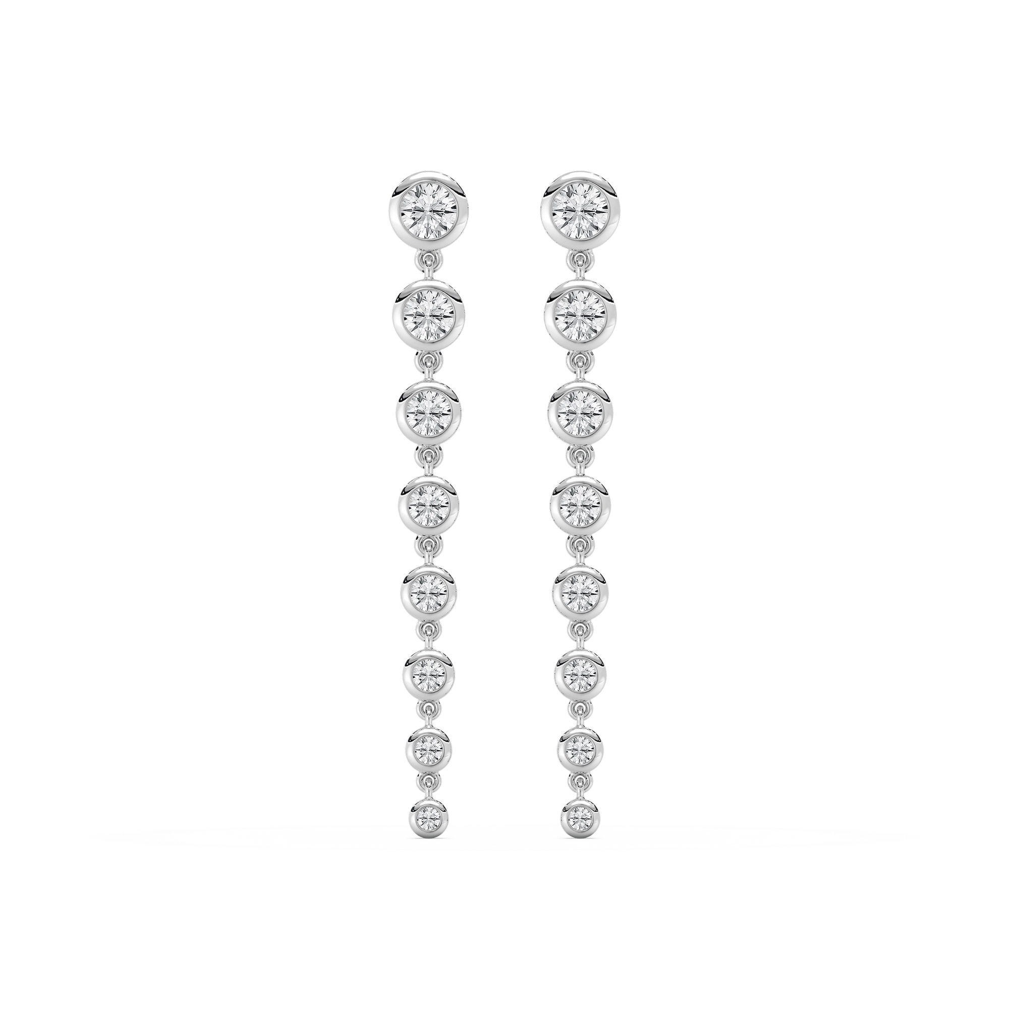 Shown in 14k White Gold|Beautiful graduated bezel drop earrings set with round lab grown diamonds in 14k white gold