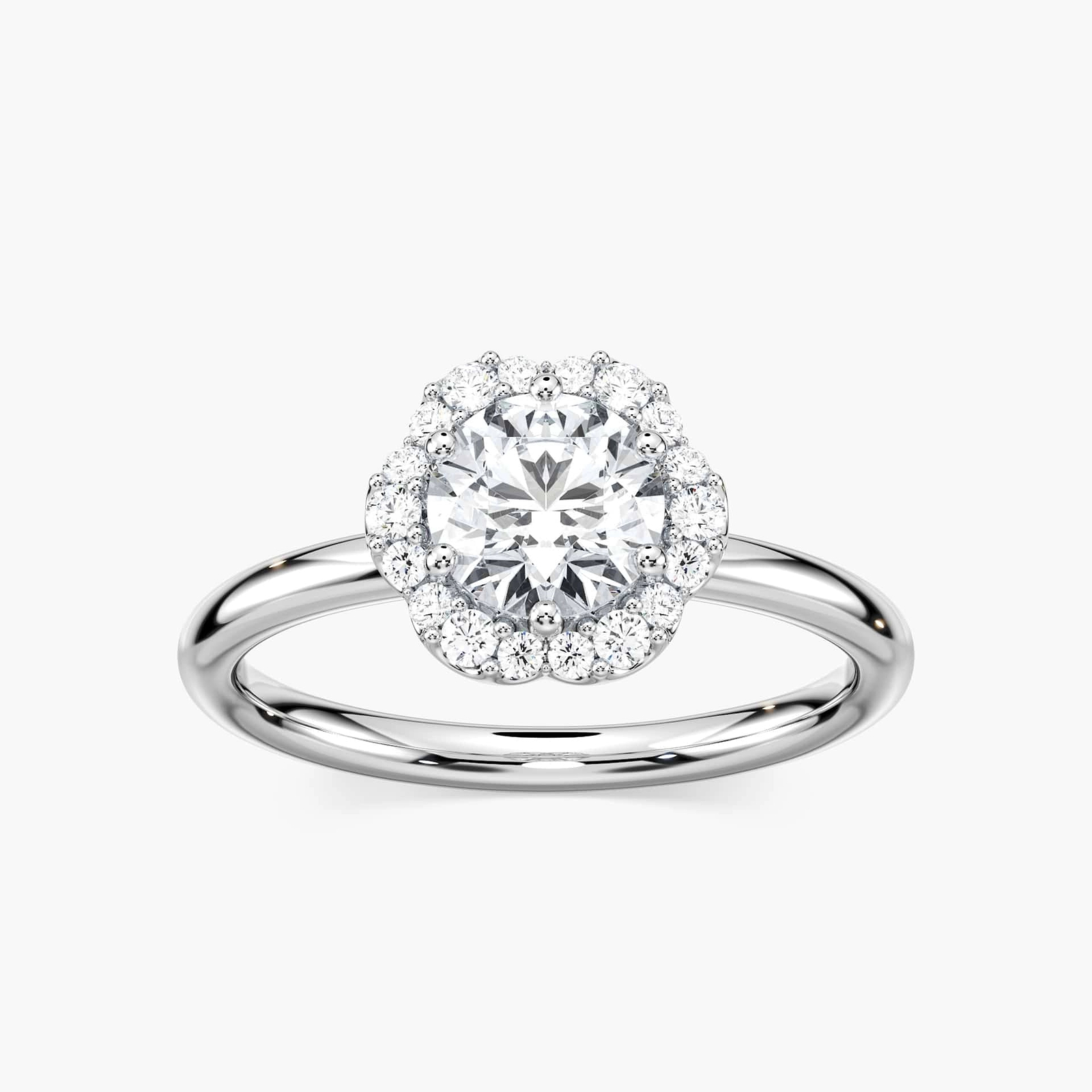 Shown here with a 1.0ct Round Cut Lab Grown Diamond center stone in 14K White Gold|diamond halo engagement ring with round cut lab grown diamond center stone set in 14k white gold metal