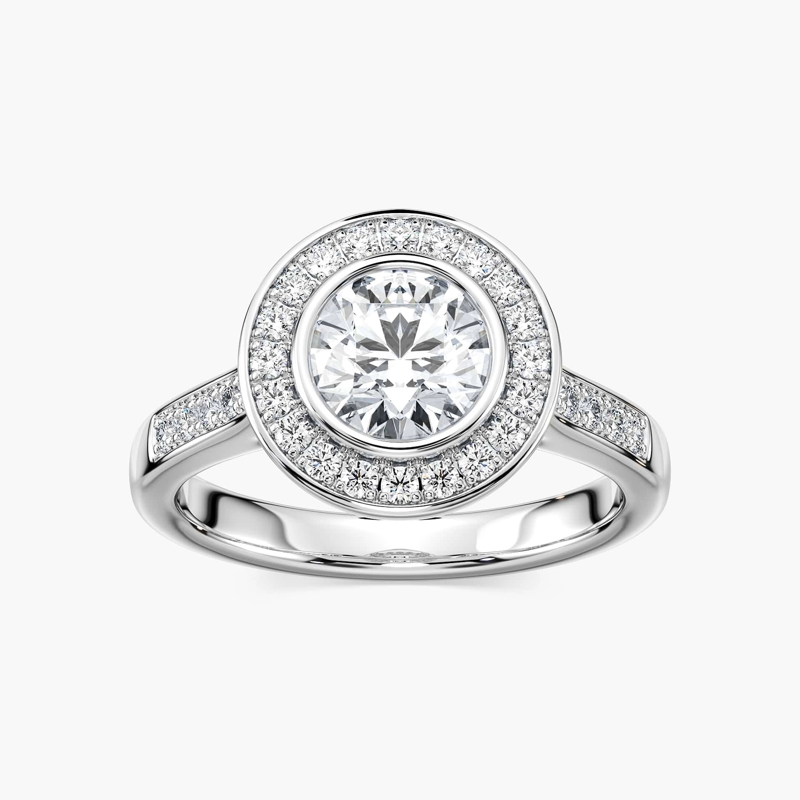 Shown with 1ct Emerald Cut Lab Grown Diamond in 14k White Gold|Antique style diamond accented halo engagement ring inspired by tiffany co legacy ring