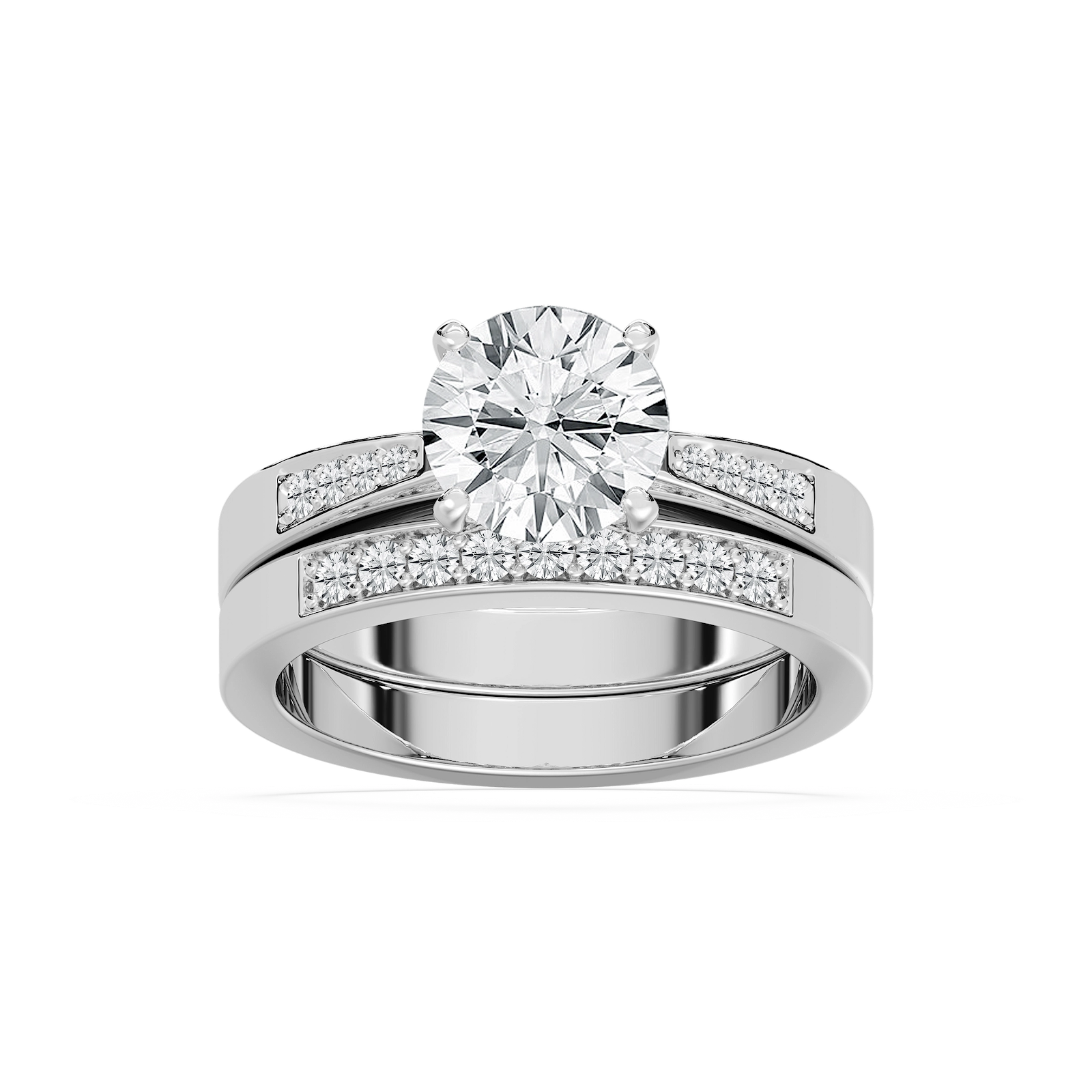 Shown with a 1.0ct Round cut Lab-Grown Diamond with accenting stones on the band in recycled 14K white gold with matching band | engagement ring Shown with a 1.0ct Round cut Lab-Grown Diamond with accenting stones on the band in recycled 14K white gold with matching wedding band