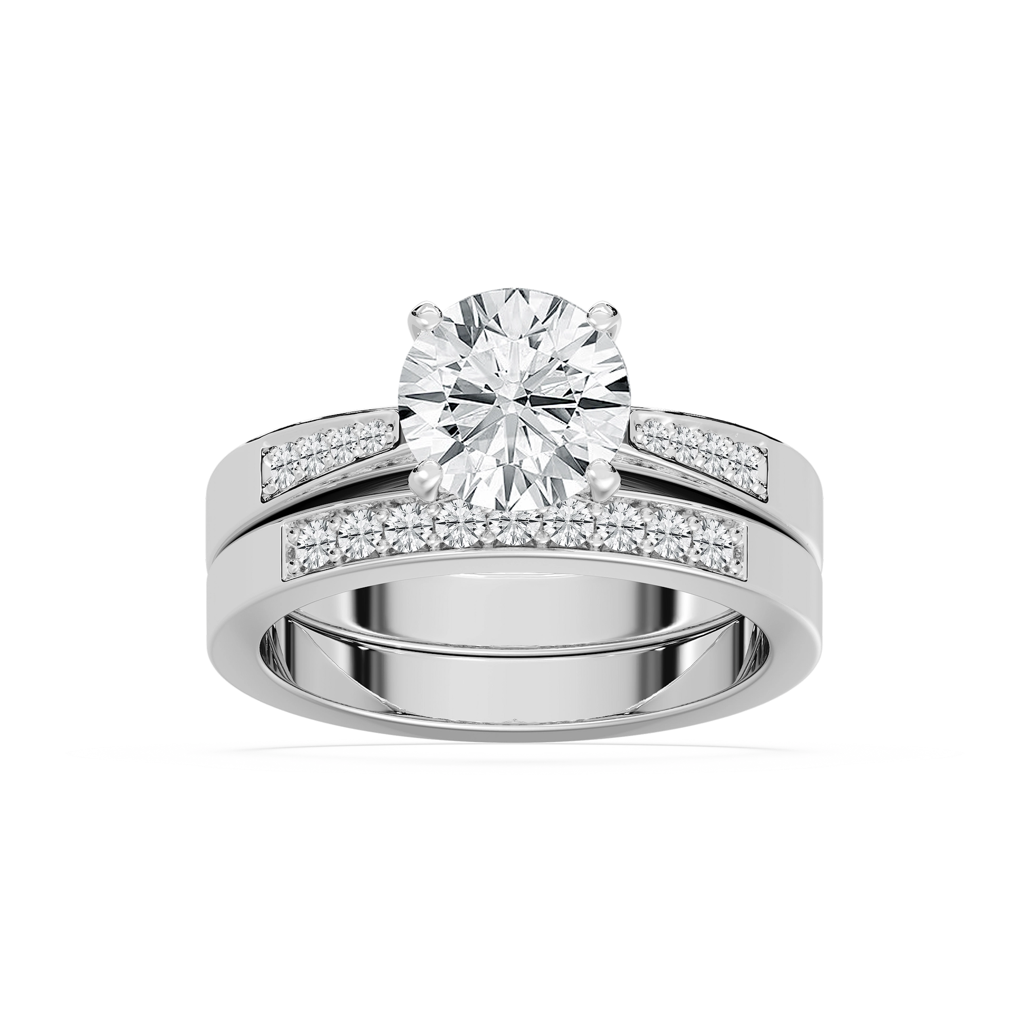 Shown with a 1.0ct Round cut Lab-Grown Diamond with accenting stones on the band in recycled 14K white gold with matching band | engagement ring Shown with a 1.0ct Round cut Lab-Grown Diamond with accenting stones on the band in recycled 14K white gold with matching wedding band