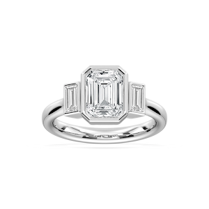 Imara 2 ½ ctw Emerald Lab Grown Diamond Bezel Set Three Stone Engagement Ring