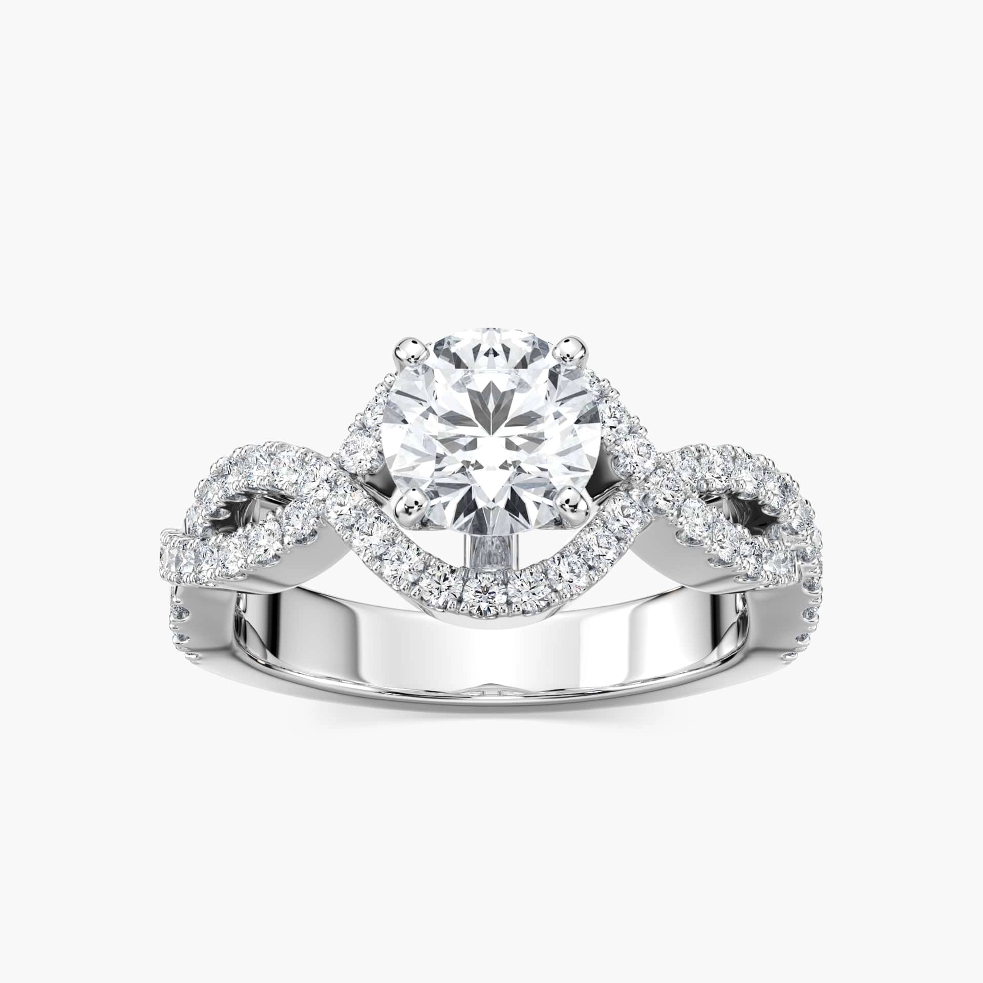 Shown with 1ct Round Cut Lab Grown Diamond in 14k White Gold|Unique twisted wavy engagement ring with diamond accented band and 1ct round cut lab grown diamond in 14k white gold