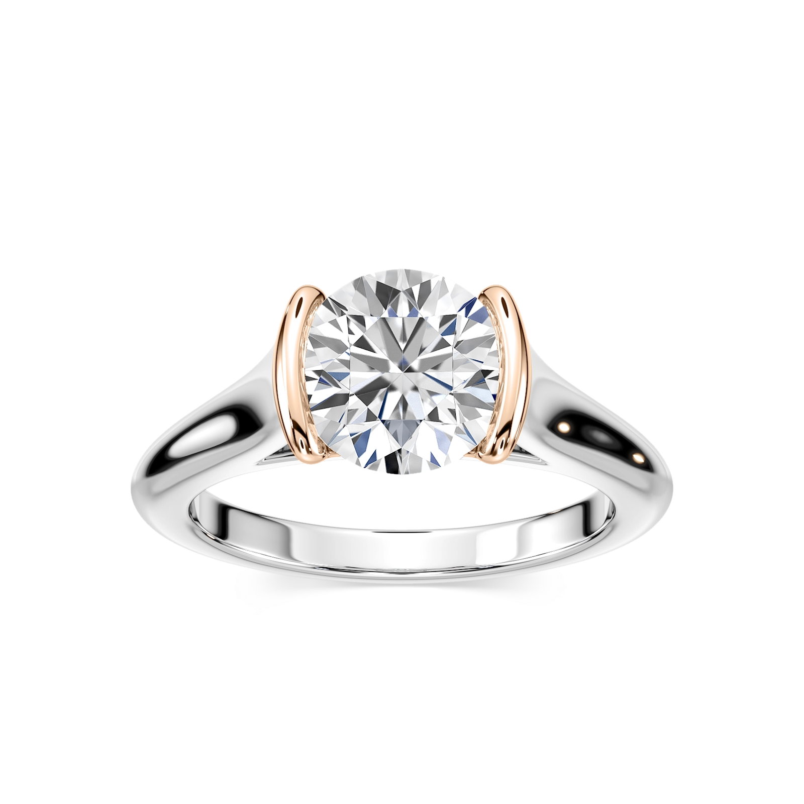 Engagement Ring Shown with 2 Drew Wedding Bands (Sold Separately)|Modern low profile bezel set lab grown diamond engagement ring with two stackable diamond accented wedding bands on either side worn on hand