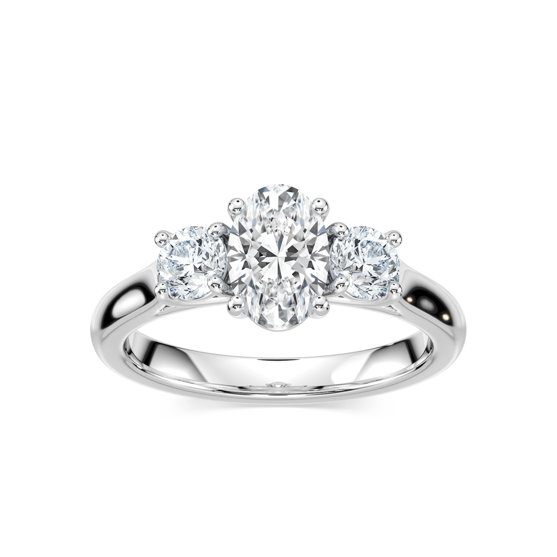 Shown with 1ct Oval Cut and Two 0.5ct Round Cut Lab Grown Diamonds in 14k White Gold|Romantic three stone engagement ring with 1ct oval cut lab grown diamond and two 0.5ct round cut lab diamond side stones in 14k white gold