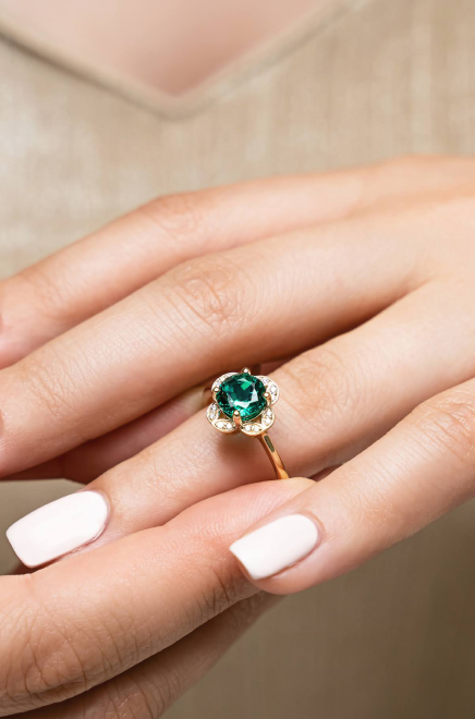 The Grace Vintage Engagement Ring set with a round Lab Grown Emerald
