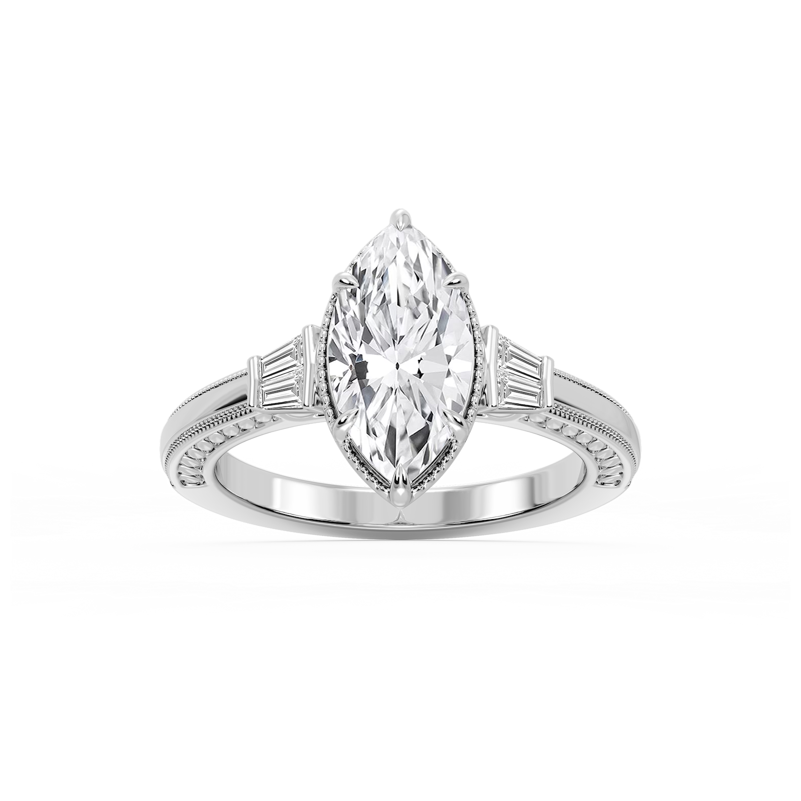 Laura Marquise Lab Grown Diamond Milgrain Six Prong Side Stone Engagement Ring