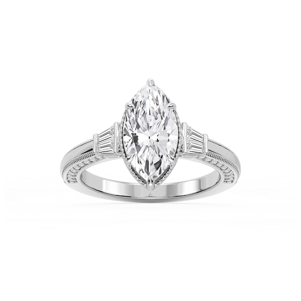 Laura Marquise Lab Grown Diamond Milgrain Six Prong Side Stone Engagement Ring