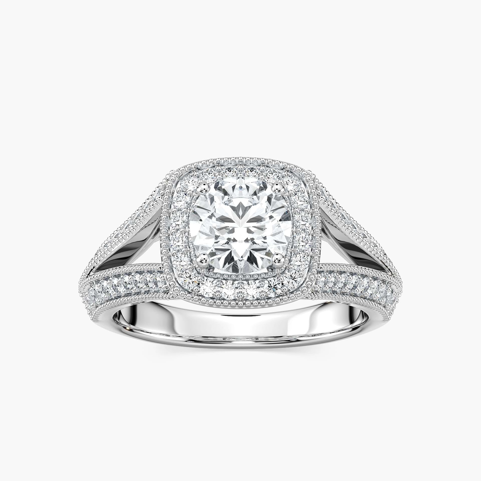 Shown with 0.5ct Round Cut Lab Grown Diamond in 14k White Gold|Beautiful antique style two tone diamond accented split shank halo engagement ring with 0.5ct round cut lab grown diamond in 14k white gold worn on hand
