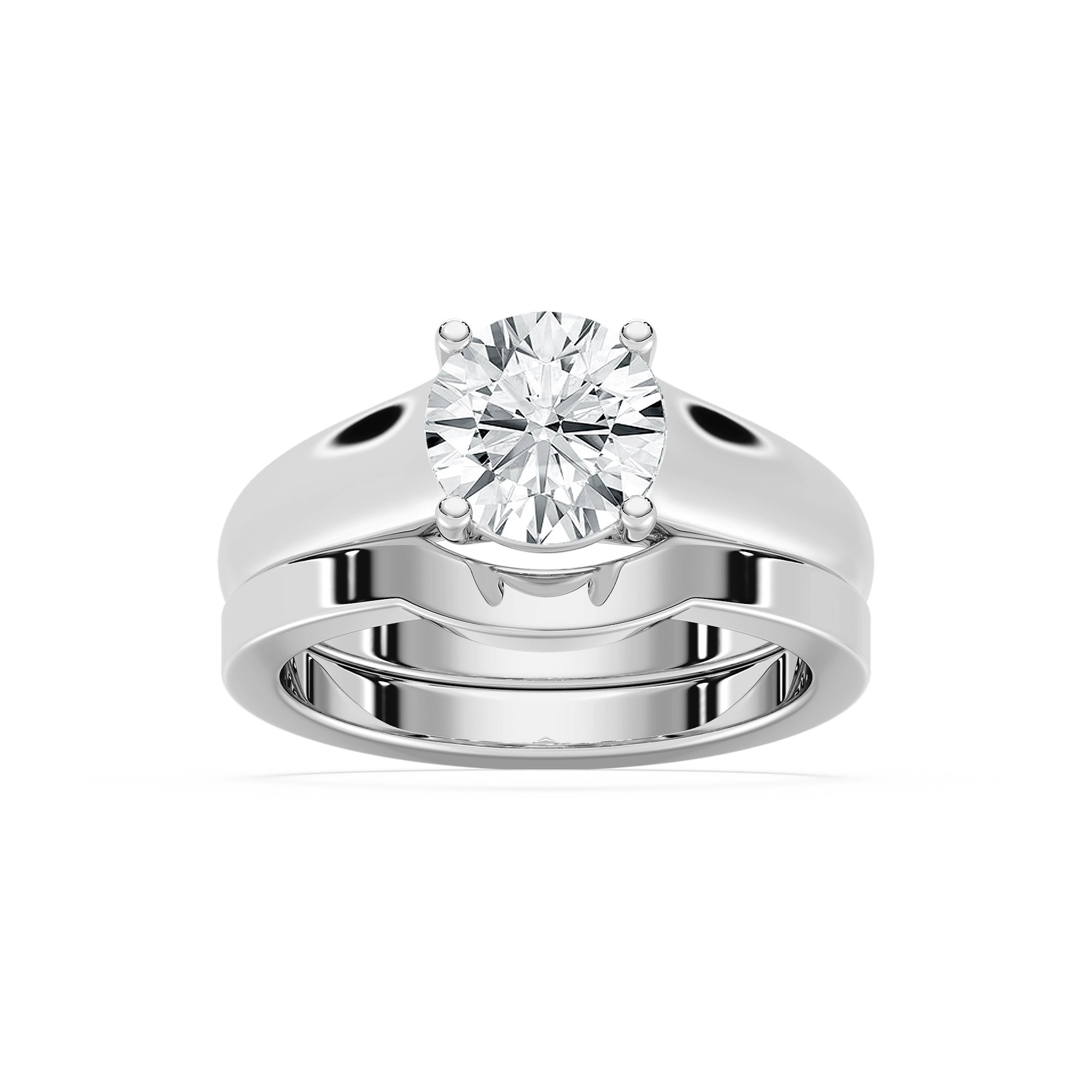 Shown with a 1.0ct Round cut Lab-Grown Diamond in recycled 14K white gold with matching wedding band | wedding set solitaire Shown with a 1.0ct Round cut Lab-Grown Diamond in recycled 14K white gold with matching wedding band