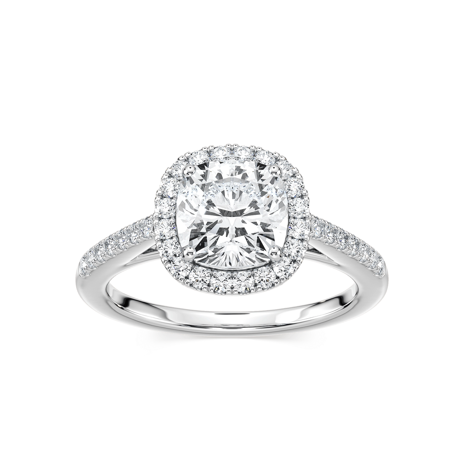 Shown with 1ct Cushion Cut Lab Grown Diamond in 14k White Gold|Vintage style diamond accented cushion shaped halo engagement ring with 1ct lab grown diamond in 14k white gold setting
