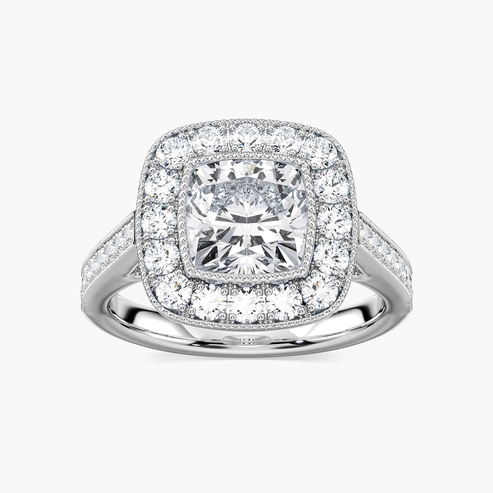 Shown with 1.5ct Cushion Cut Lab Grown Diamond in 14k White Gold|Beautiful diamond accented halo engagement ring with 1.5ct cushion cut lab grown diamond in 14k white gold