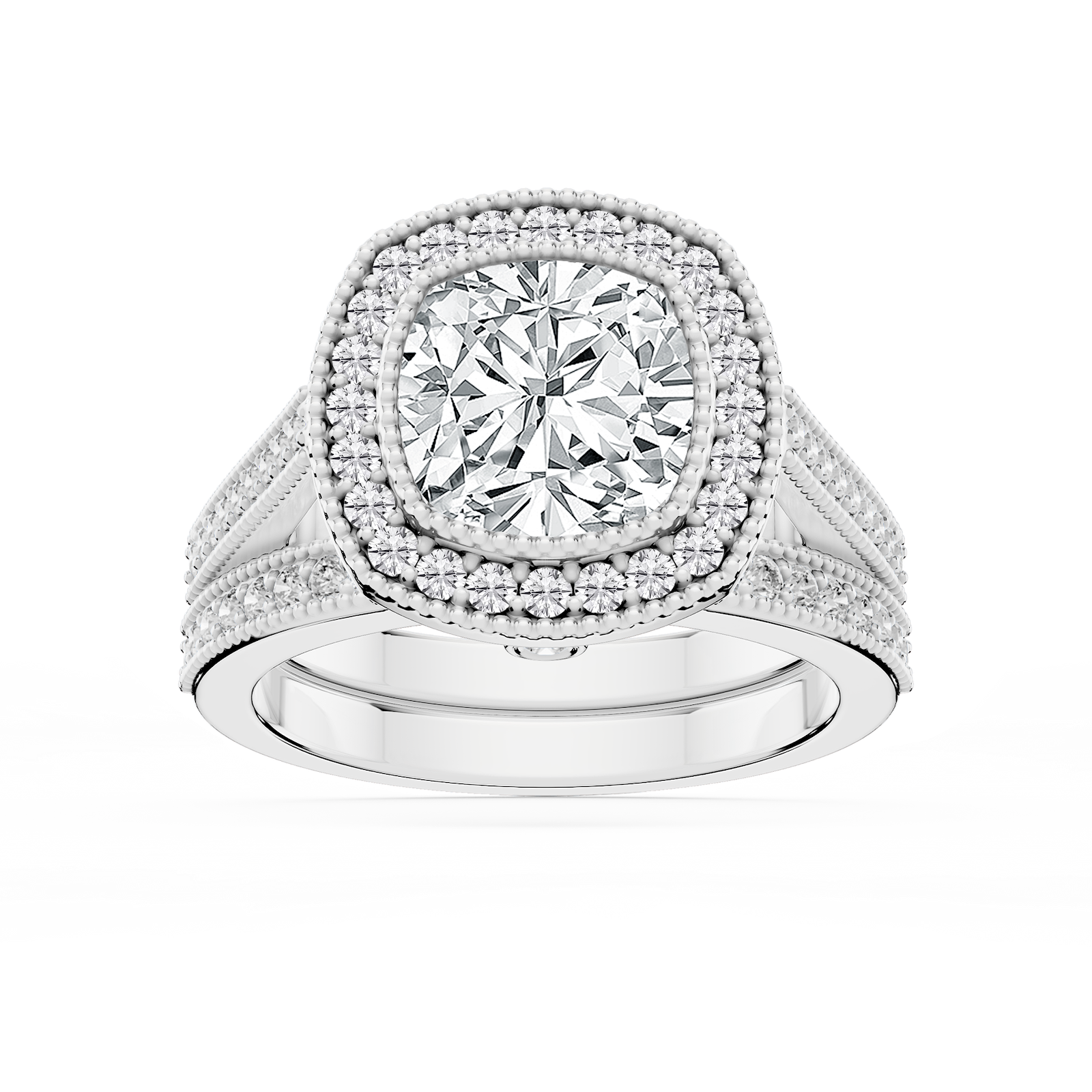 Misty Lab Grown Diamond Halo Milgrain and Beaded Prong Wedding Set