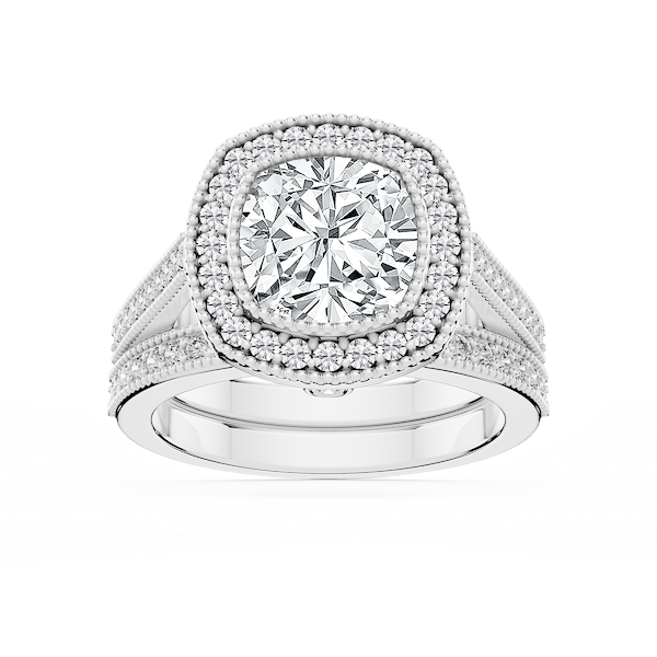 Misty Lab Grown Diamond Halo Milgrain and Beaded Prong Wedding Set