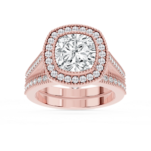 Misty Lab Grown Diamond Halo Milgrain and Beaded Prong Wedding Set