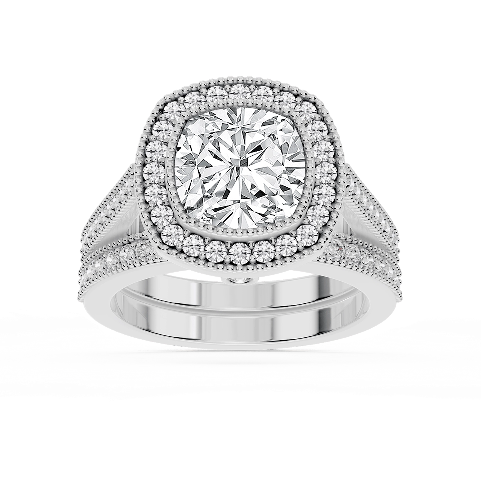 Misty Lab Grown Diamond Halo Milgrain and Beaded Prong Wedding Set