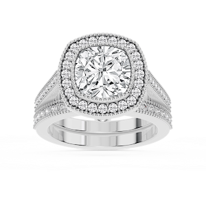Misty Lab Grown Diamond Halo Milgrain and Beaded Prong Wedding Set