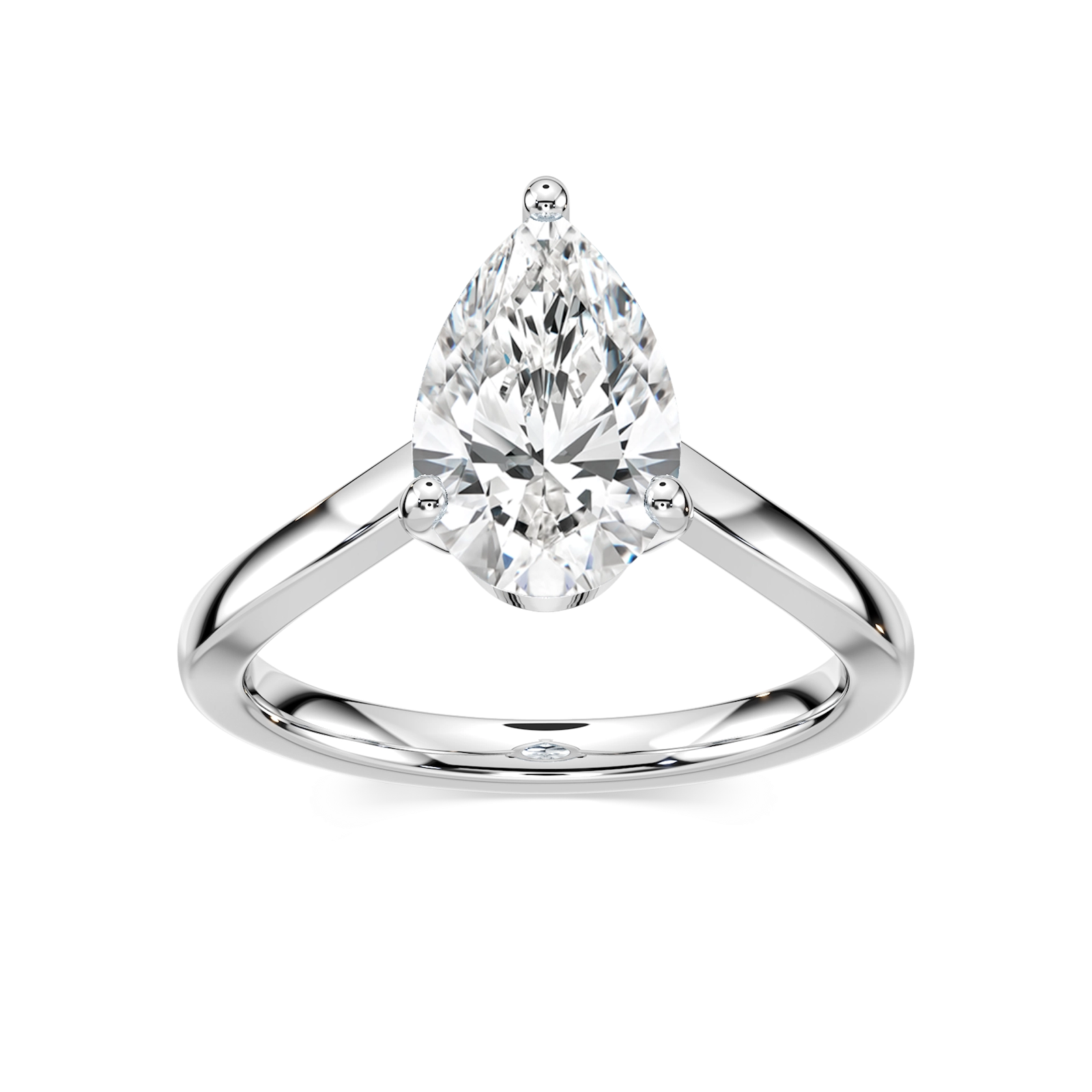 Shown with 1ct Pear Cut Lab Grown Diamond in 14k White Gold|Simple solitaire teardrop engagement ring with 1ct pear cut lab grown diamond in 14k white gold setting