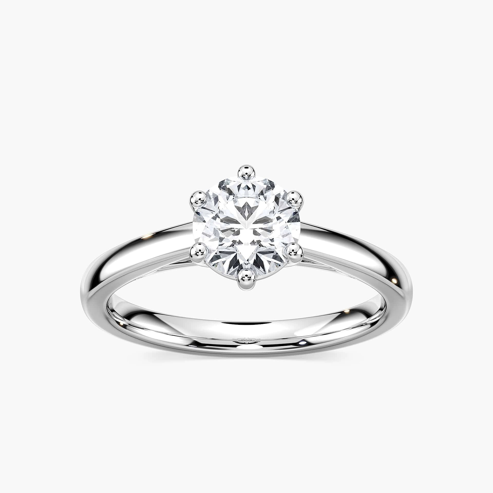 Shown with 1ct Round Cut Lab Grown Diamond in 14k White Gold|Beautiful solitaire engagement ring with 6 prong set 1ct round cut lab grown diamond in 14k white gold crown style setting