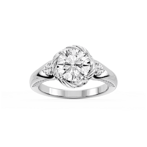 Mabel Round Lab Grown Diamond Swirl Halo Three Stone Engagement Ring