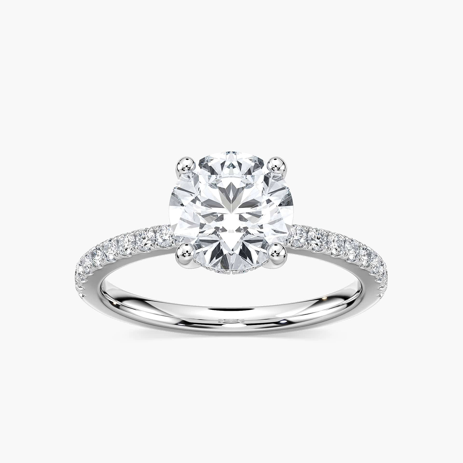 Shown with 1.5ct Oval Cut Lab Grown Diamond in 14k White Gold|Ethical diamond accented hidden halo engagement ring with 1.5ct oval cut lab grown diamond in 14k white gold