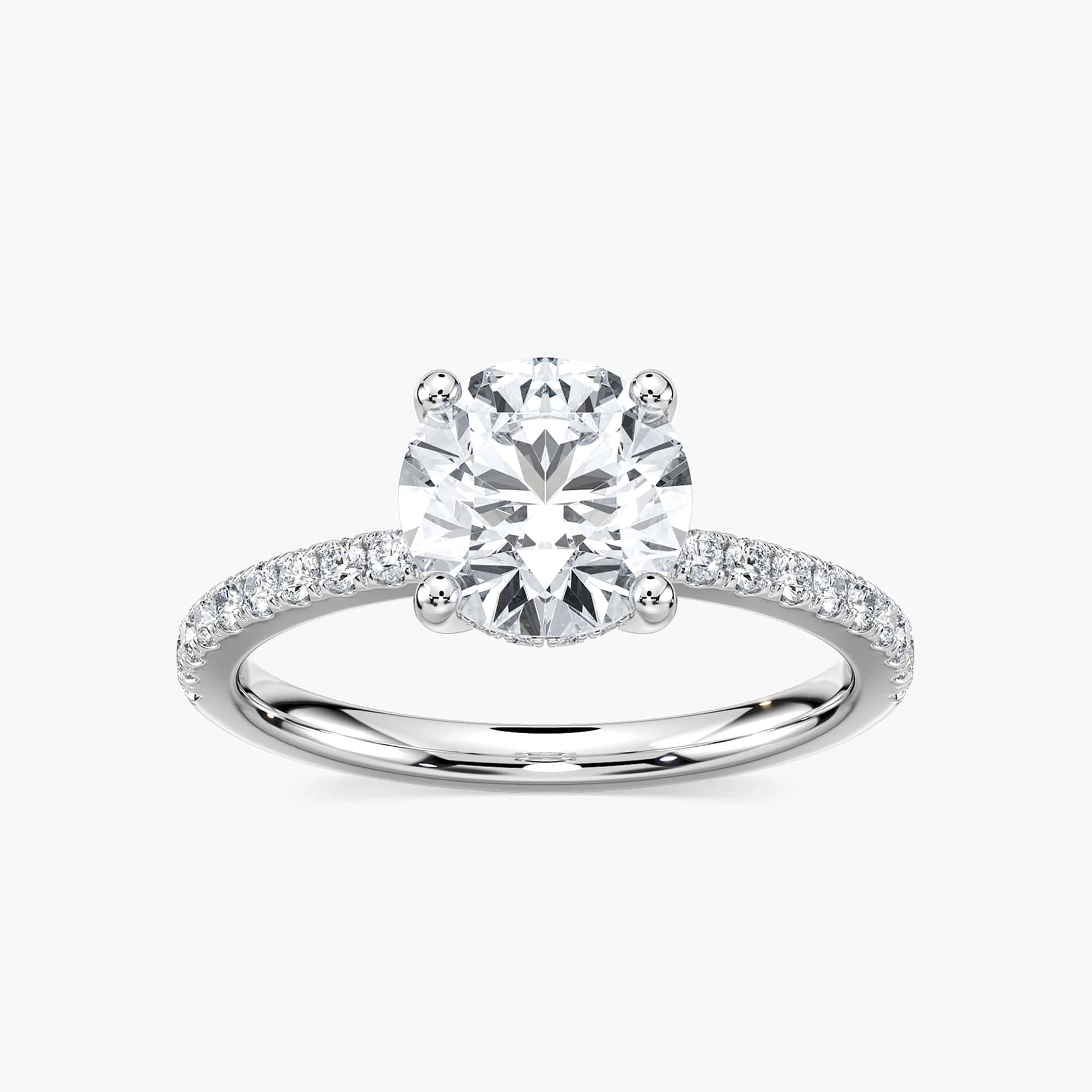 Shown with 1.5ct Oval Cut Lab Grown Diamond in 14k White Gold|Ethical diamond accented hidden halo engagement ring with 1.5ct oval cut lab grown diamond in 14k white gold