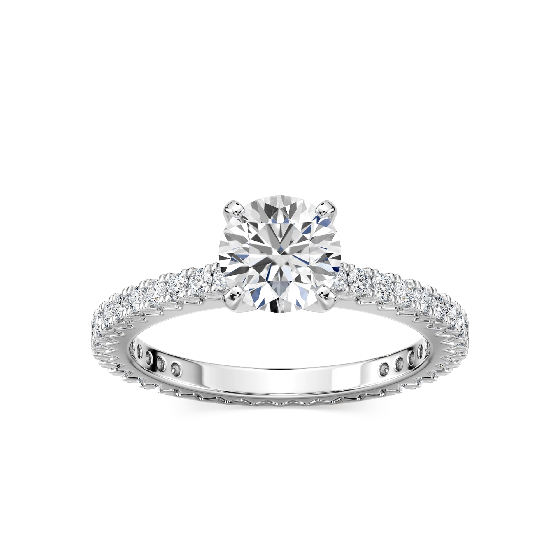 Shown with 1ct Round Cut Lab Grown Diamond in 14k White Gold|Stunning stackable diamond accented solitaire engagement ring with 1ct round cut lab grown diamond in 14k white gold held in hand
