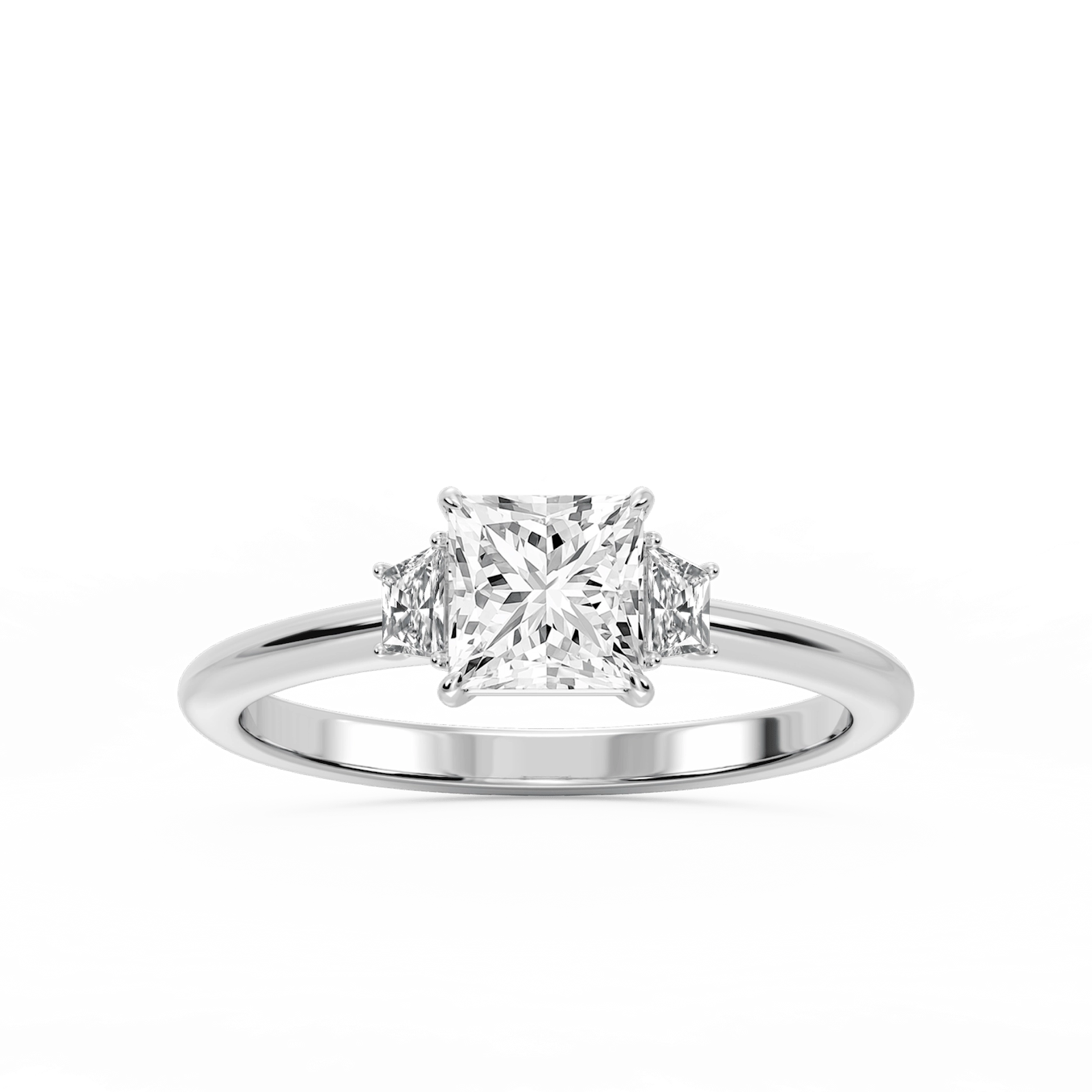 Marley Princess Lab Grown Diamond Trapezoid Sides Claw Prong Three Stone Engagement Ring