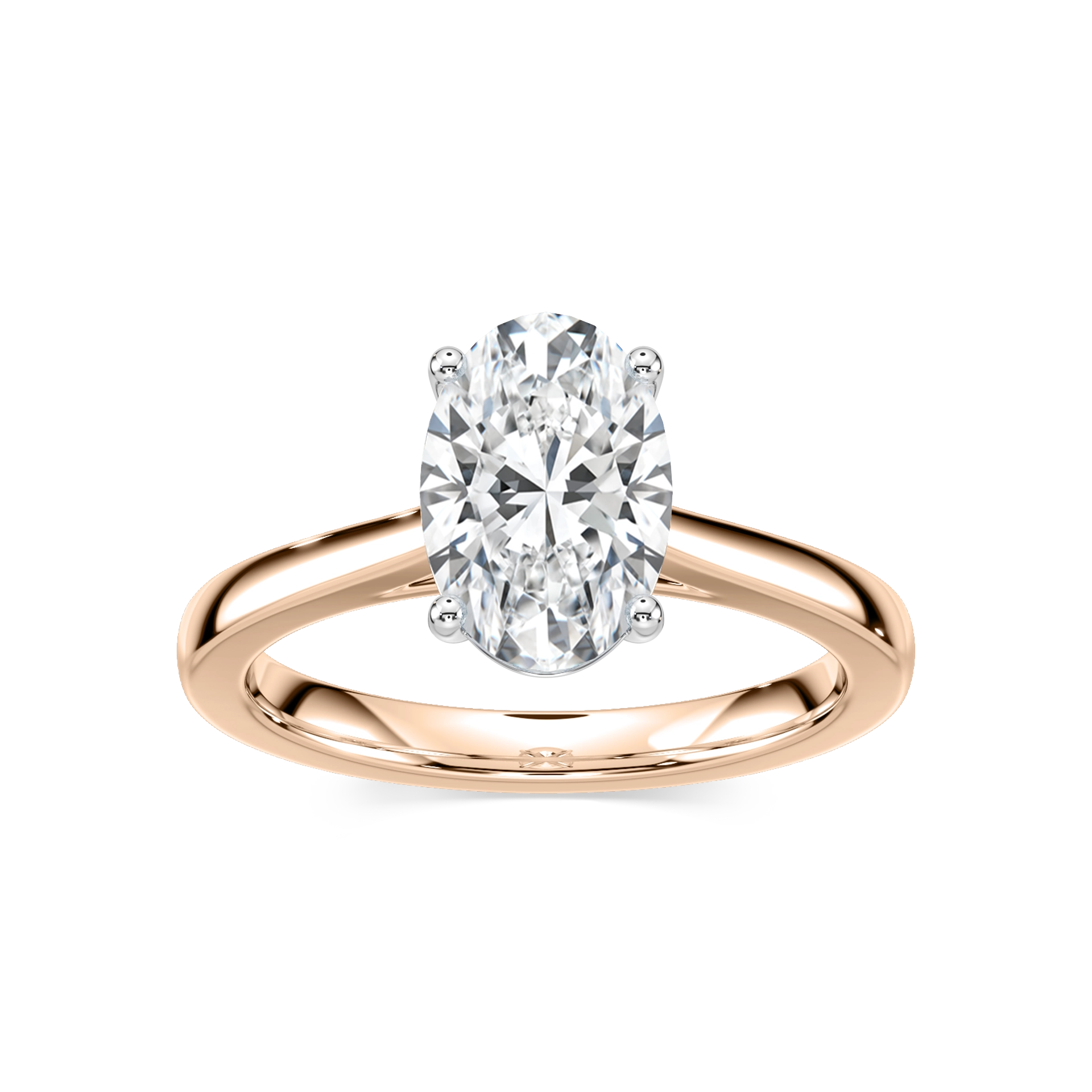 Shown with 2ct Oval Cut Lab Grown Diamond in 14k Rose Gold|Stunning unique two tone hidden halo engagement ring with 2ct oval cut lab grown diamond in 14k rose gold worn on hand