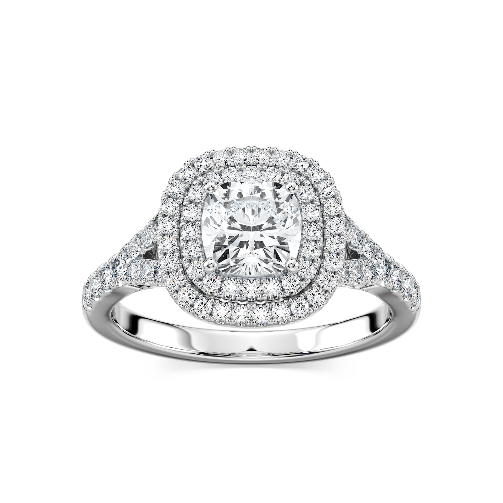 Shown with 1ct Cushion Cut Lab Grown Diamond in 14k White Gold|Luxurious double halo split shank engagement ring with diamond accents surrounding a 1ct cushion cut lab grown diamond in 14k white gold