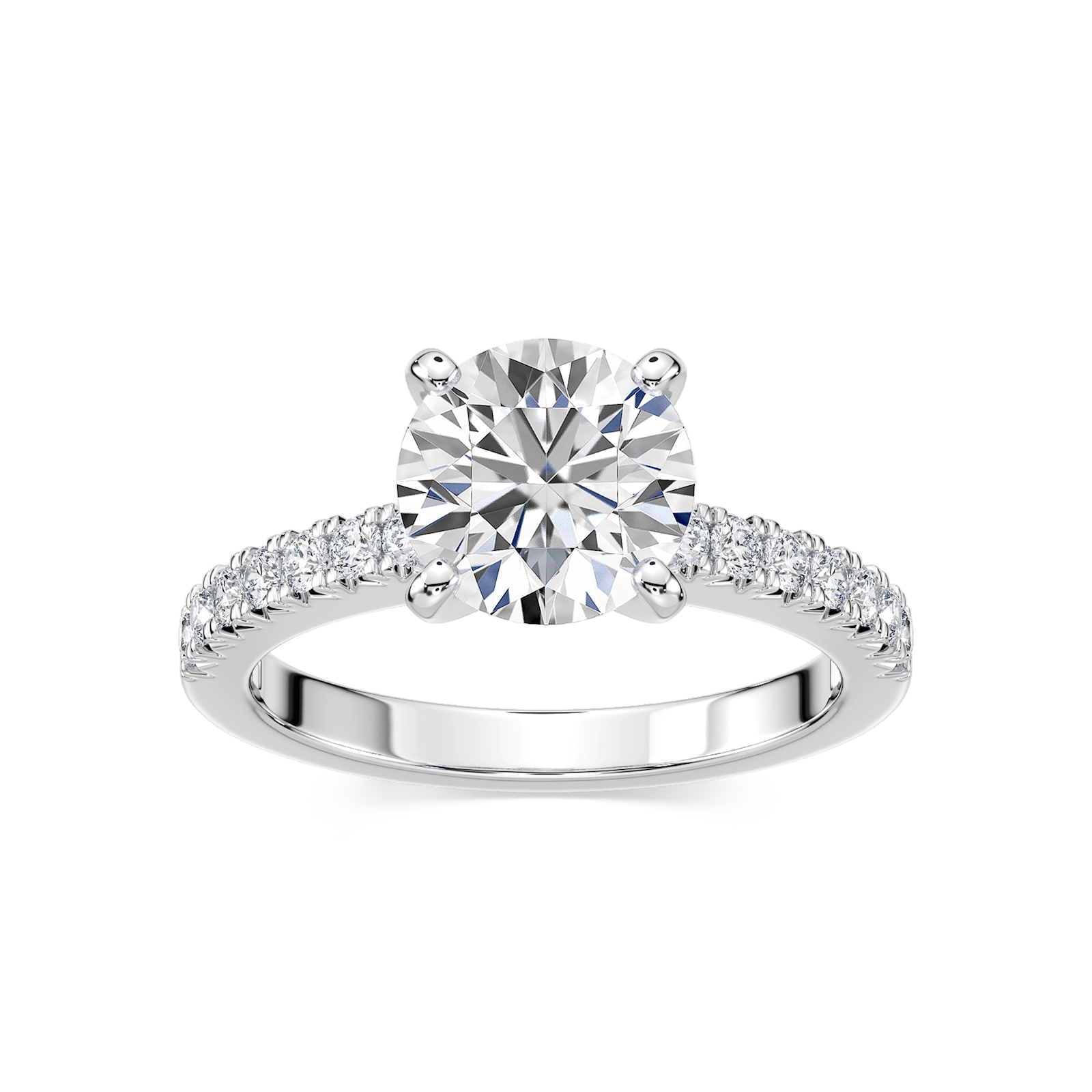 Shown with 1ct Round Cut Lab Grown Diamond in Platinum|Affordable pave set diamond accented engagement ring with 1ct round cut lab grown diamond in platinum setting