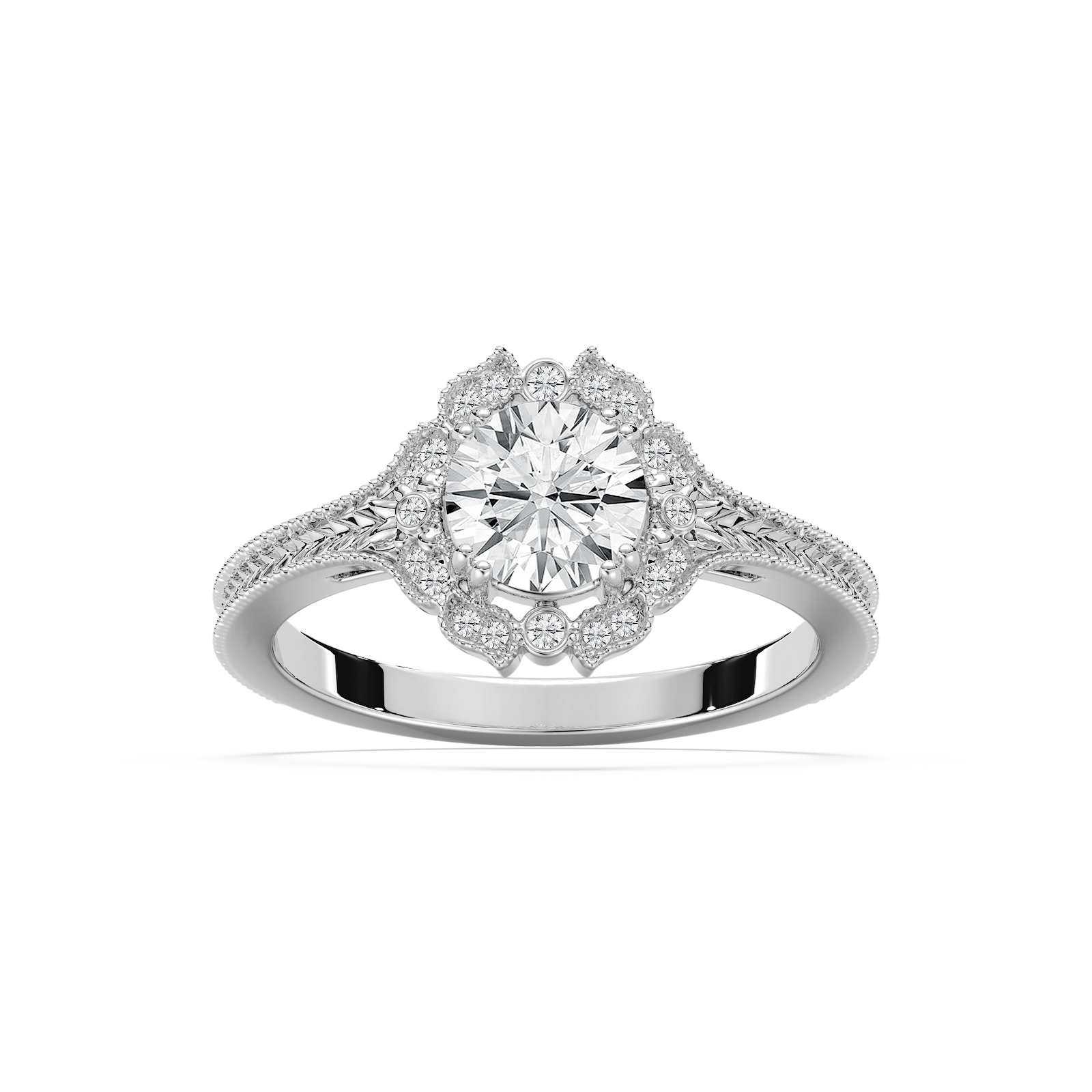 Shown here with a 1.0ct Round Cut Lab Grown Diamond center stone in 14K White Gold|diamond halo engagement ring with chevron detailed band set with a round cut lab grown diamond center stone in 14k white gold recycled metal