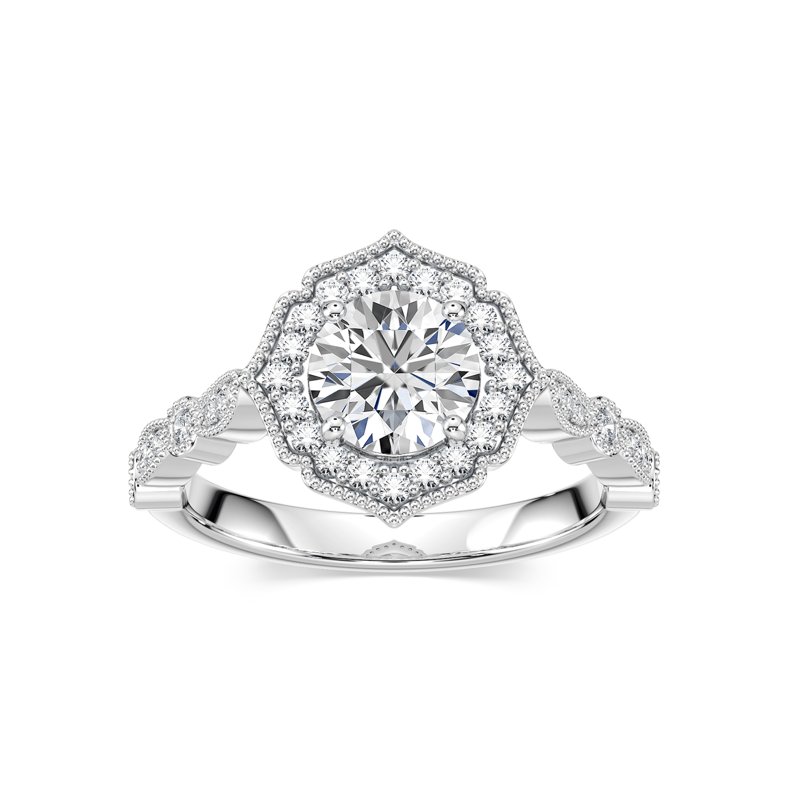 Shown with 1ct Oval Cut Lab Grown Diamond in 14k Yellow Gold|Romantic vintage style diamond accented halo engagement ring with a 1ct oval cut lab grown diamond set in filigree and milgrain detailed 14k yellow gold band