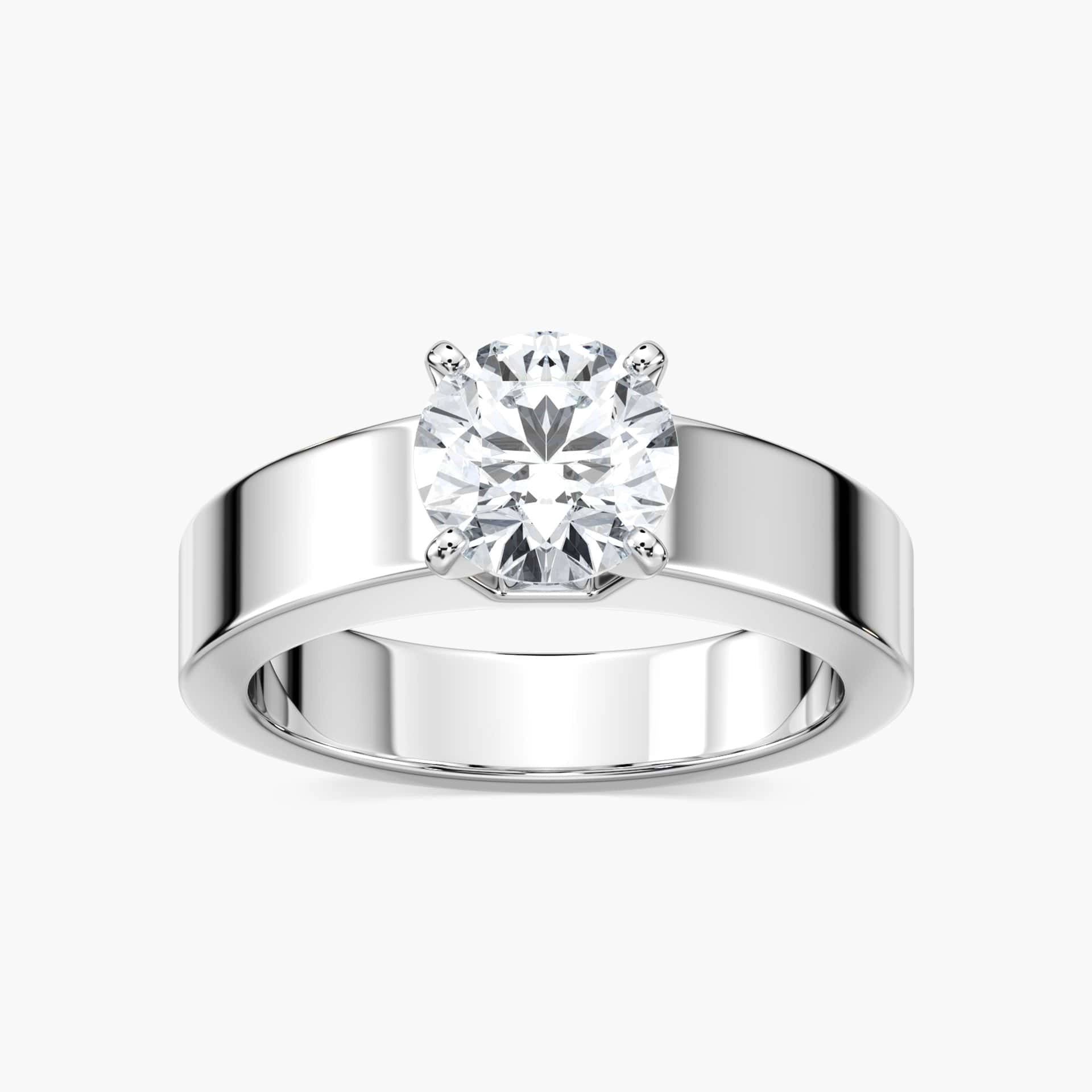 Shown with 1ct Round Cut Lab Grown Diamond in 14k White Gold|Modern minimalistic solitaire engagement ring with 1ct round cut lab grown diamond in thick 14k white gold band
