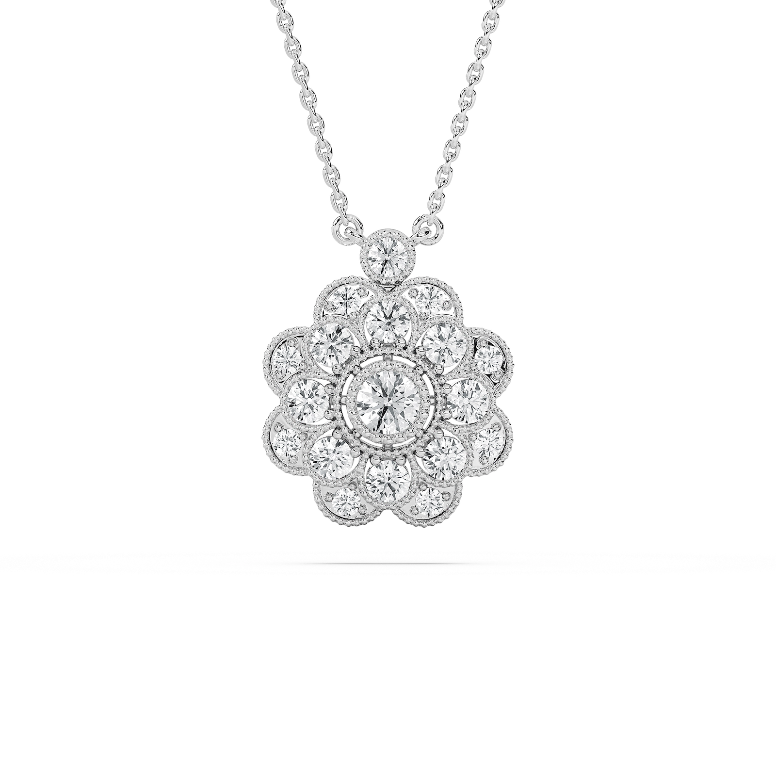 3/4 ctw Round Lab Grown Diamond Beaded Peony Pendant  - 18 Inches