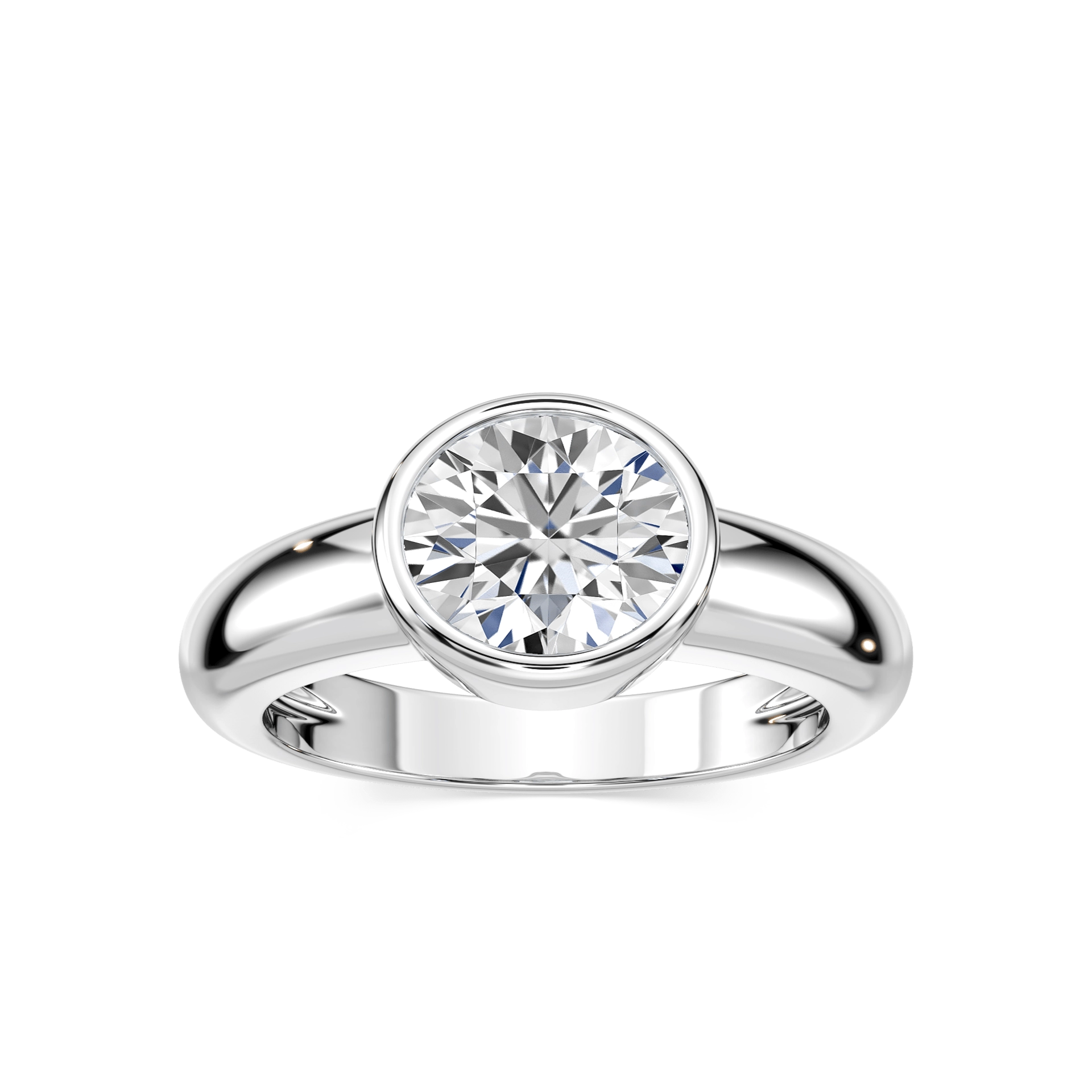 Shown with 1ct Round Cut Lab Grown Diamond in 14k White Gold|Modern minimalistic bezel solitaire engagement ring with 1ct round cut lab grown diamond in thick 14k white gold band
