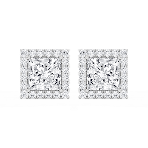 Princess Lab Grown Diamond Four Prong Basket Halo Stud Earrings