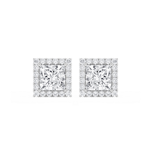 Princess Lab Grown Diamond Four Prong Basket Halo Stud Earrings