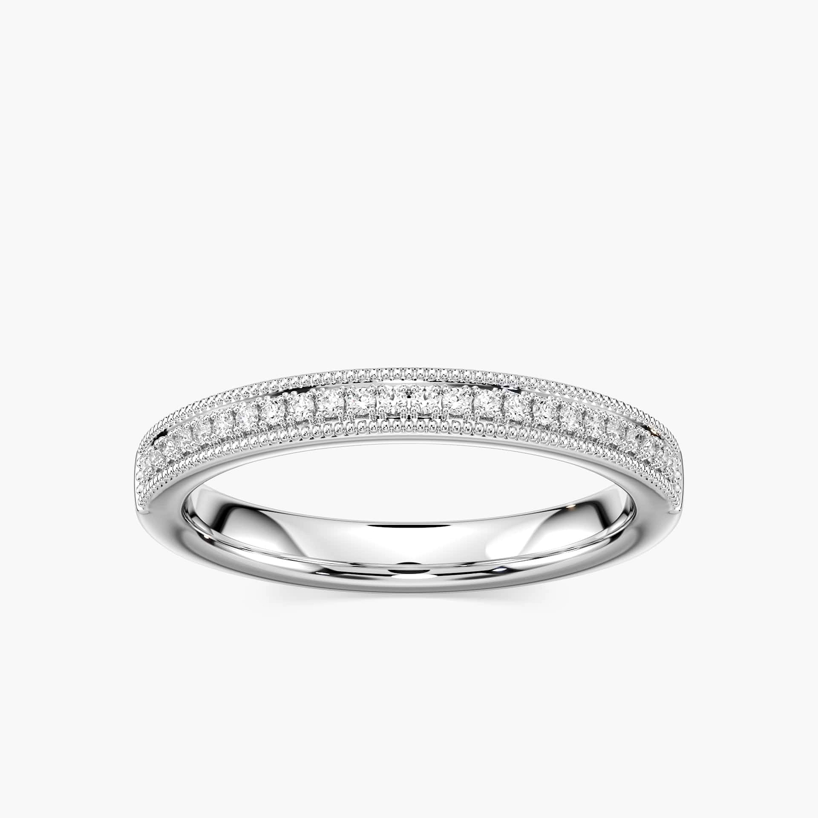 Quimby diamond accented wedding band with filigree detail in recycled 14K white gold made to fit the Quimby Engagement Ring | Diamond accented wedding band filigree detail recycled 14K white gold Quimby Engagement Ring