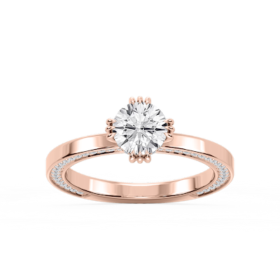 Rose Round Lab Grown Diamond Triple Claw Prong Side Stone Engagement Ring