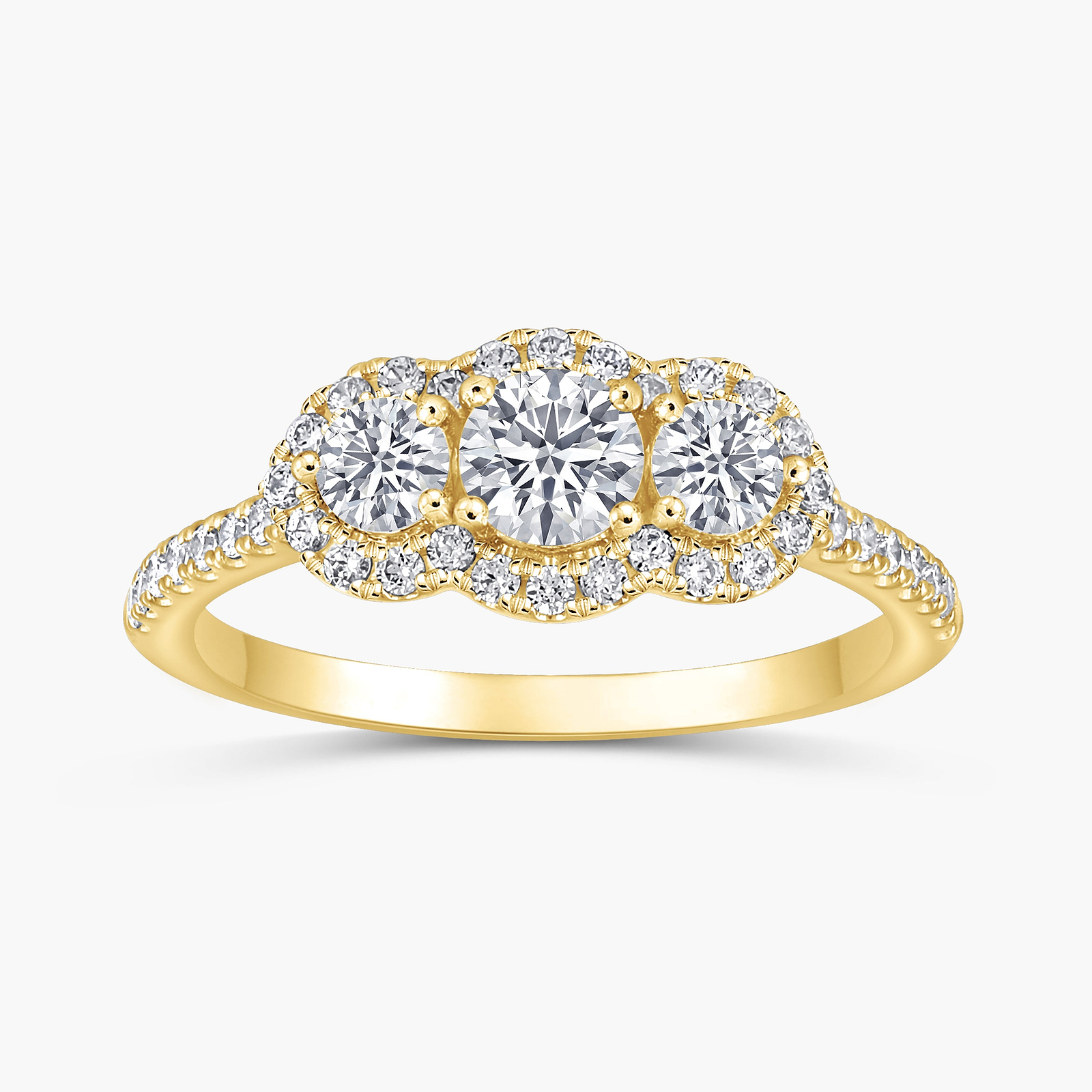 Round Three Stone Halo Ring with 1.00ctw Round Cut Lab-Grown Diamonds in 14K Yellow Gold