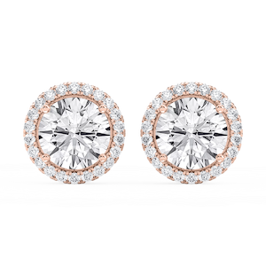 Round Lab Grown Diamond Four Prong Basket Halo Stud Earrings