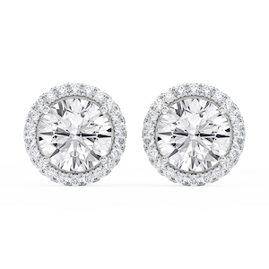Round Lab Grown Diamond Four Prong Basket Halo Stud Earrings