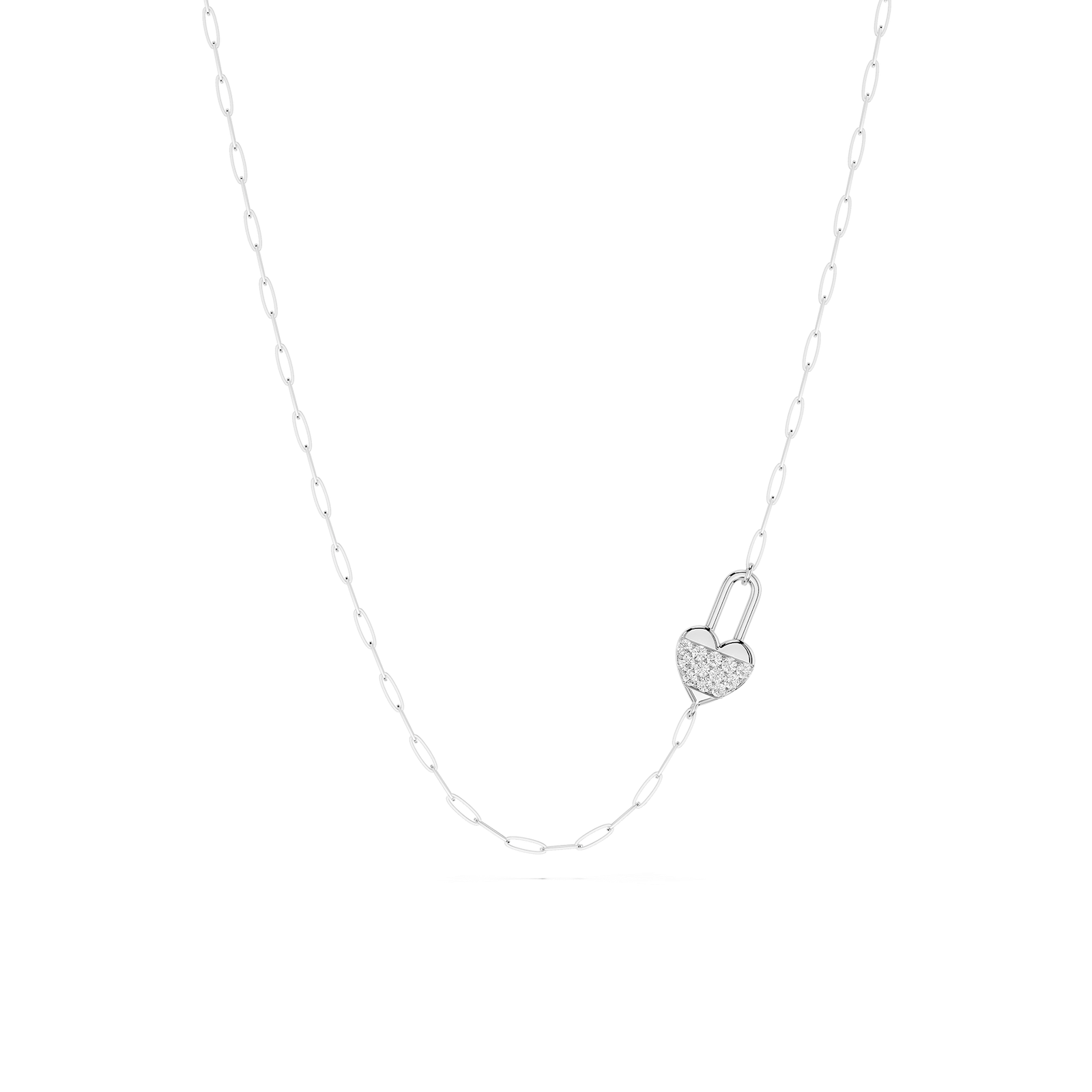 ⅒ ctw Round Lab Grown Diamond Pave Heart Lock Paperclip Pendant - 18 Inches