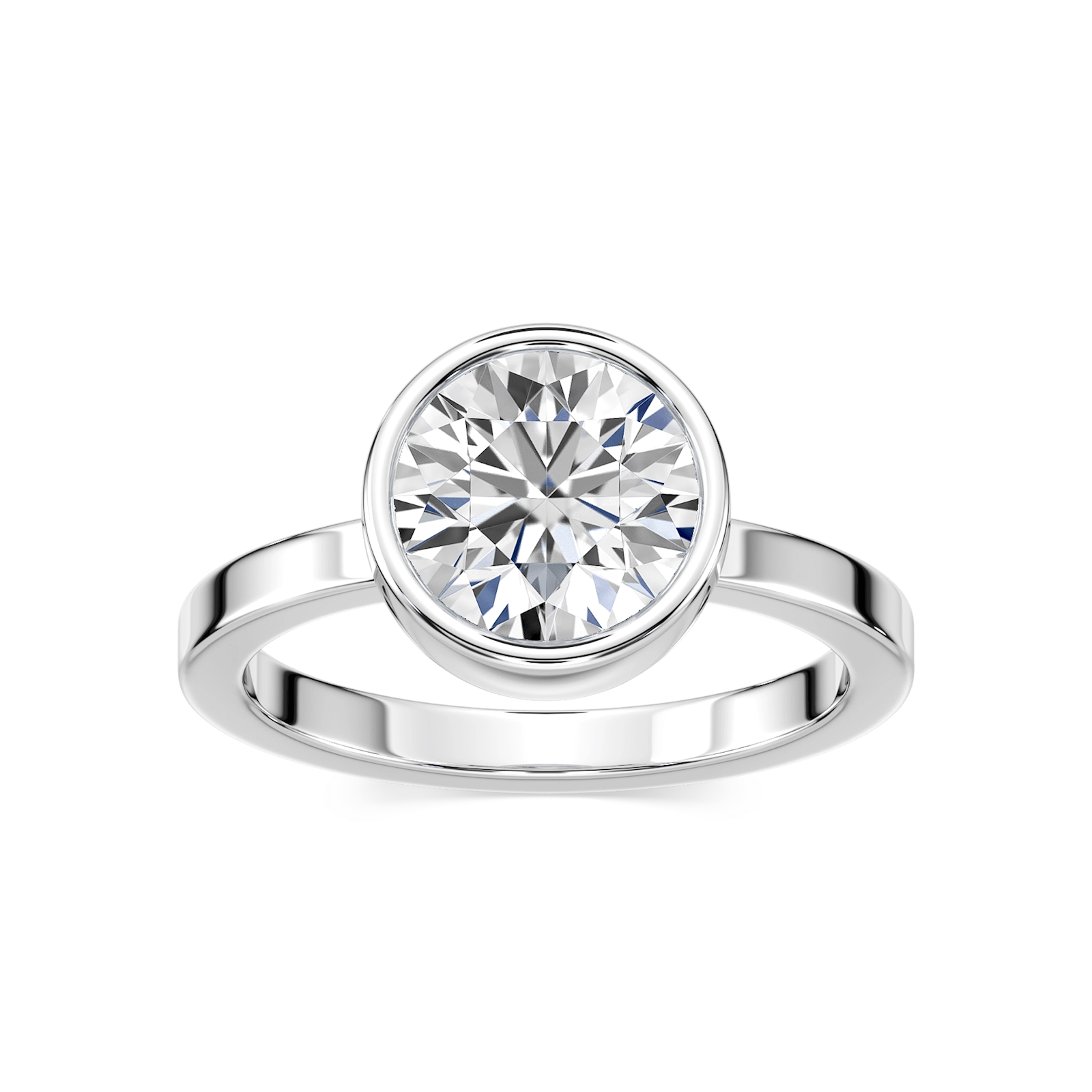 Shown in 14K White Gold with a Satin Finish|bezel set solitaire engagement ring with round cut lab grown diamond in satin finish 14k white gold metal