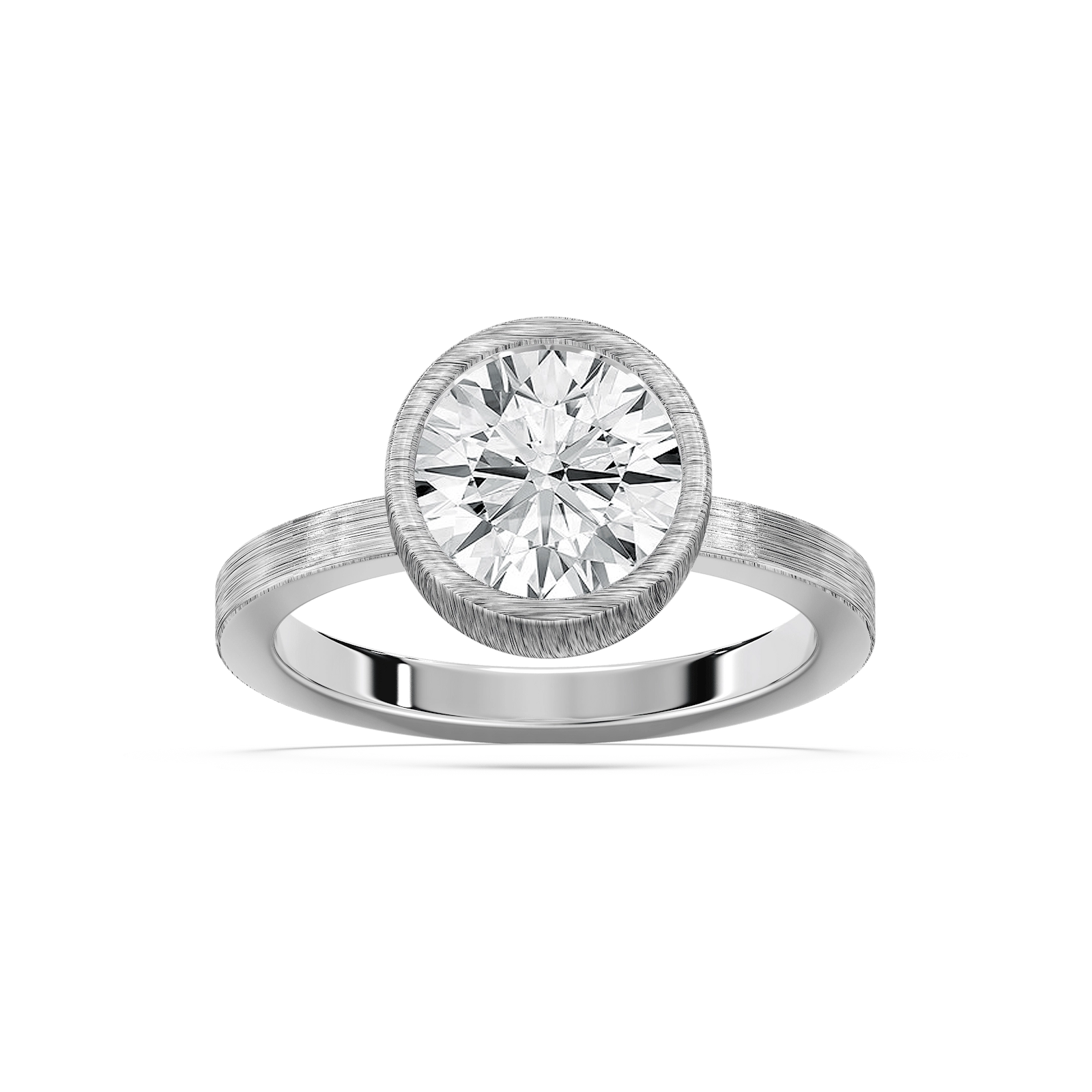 Shown in 14K White Gold with a Satin Hammer Finish|bezel set solitaire engagement ring with satin hammer finish in 14k white gold metal